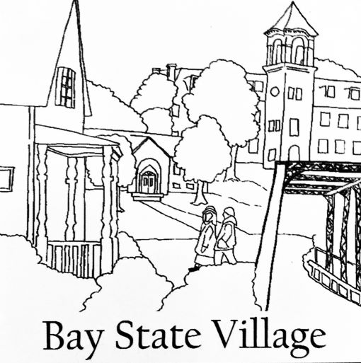 Line drawing of two people in winter gear walking in a neighborhood with two houses, iron bridge, and tall building with a spire. Text underneath reads "Bay State Village"