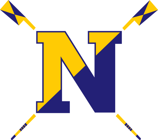 Captial N divided diagonally into gold on top left and blue on bottom right. Behind the N are crossed blue and gold paddles.