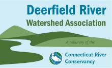 Green mountains and hills and river the same color as the blue background. Text reads "Deerfield River Watershed Association. A tributary of the Connecticut River Conservancy"